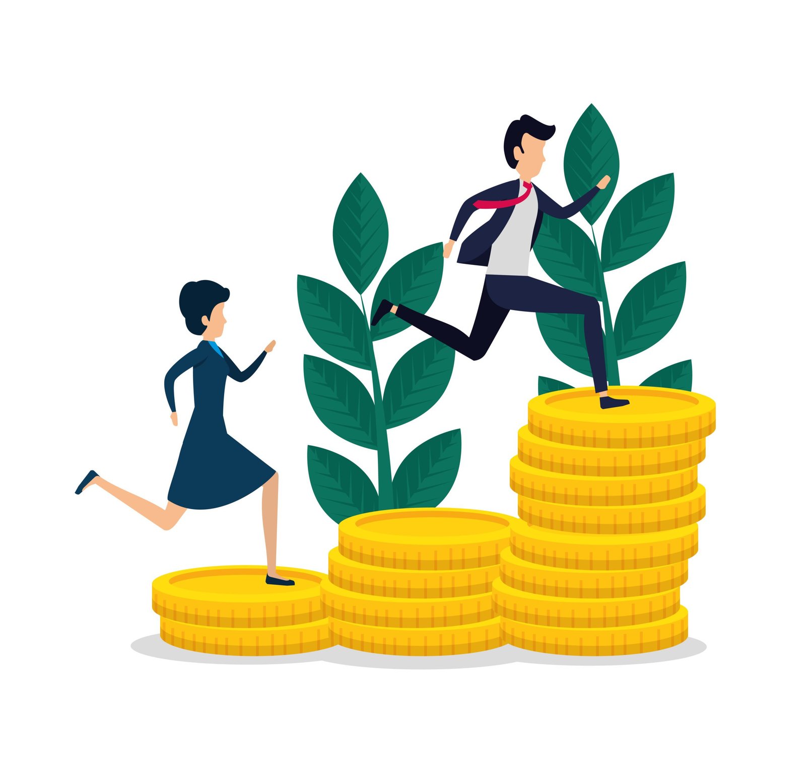 woman and men teamwork with coins and plants vector illustration